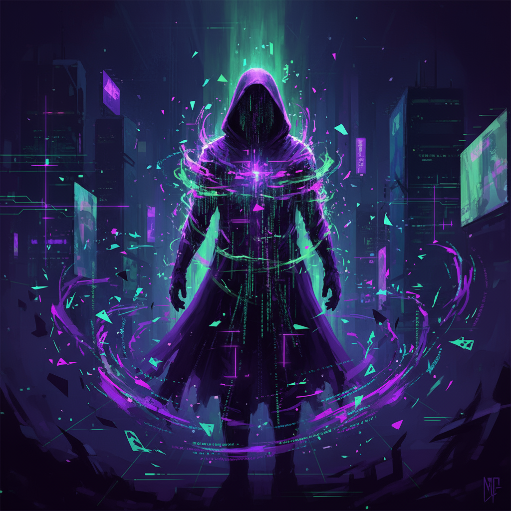 Cyberpunk anonymity illustration with cloaked figure and digital particles