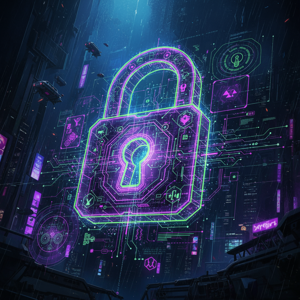 Digital encryption illustration with glowing locks and secure data streams