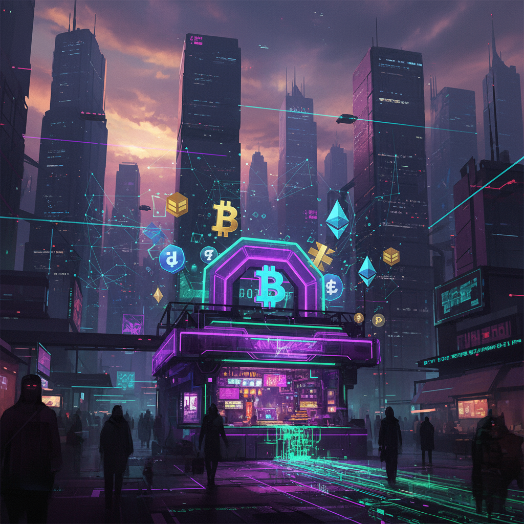 Digital marketplace illustration with neon storefront and crypto symbols